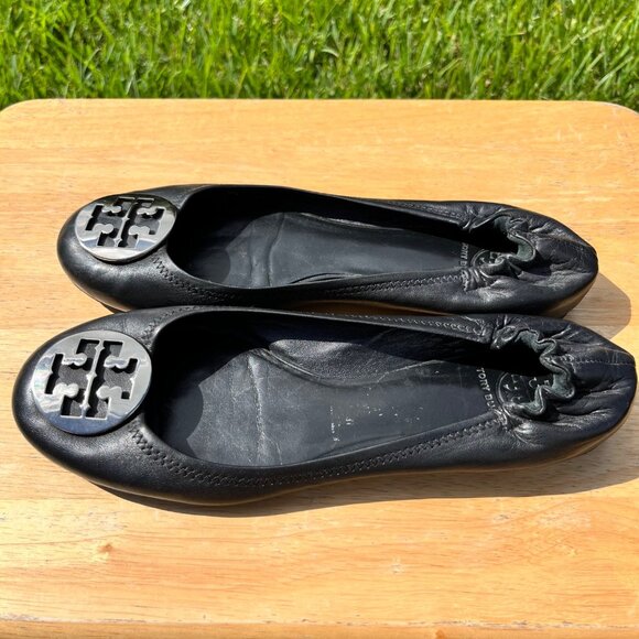 Tory Burch Minnie Black Leather Travel Ballet Flats Size 12 - Picture 2 of 9